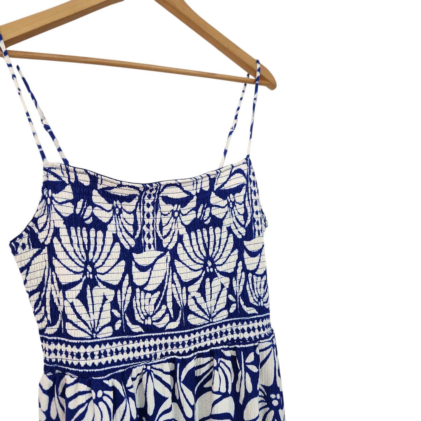 H&M שמלת כתפיות מקסי בהדפס כחול-לבן בסגנון קיצי | לאישה מידה XL