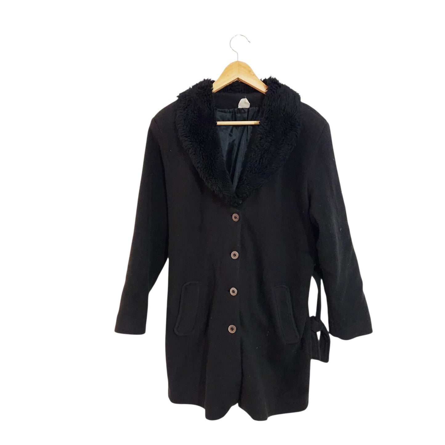 מעיל צמר שחור לנשים מידה S/M | צווארון פרוותי | חורף