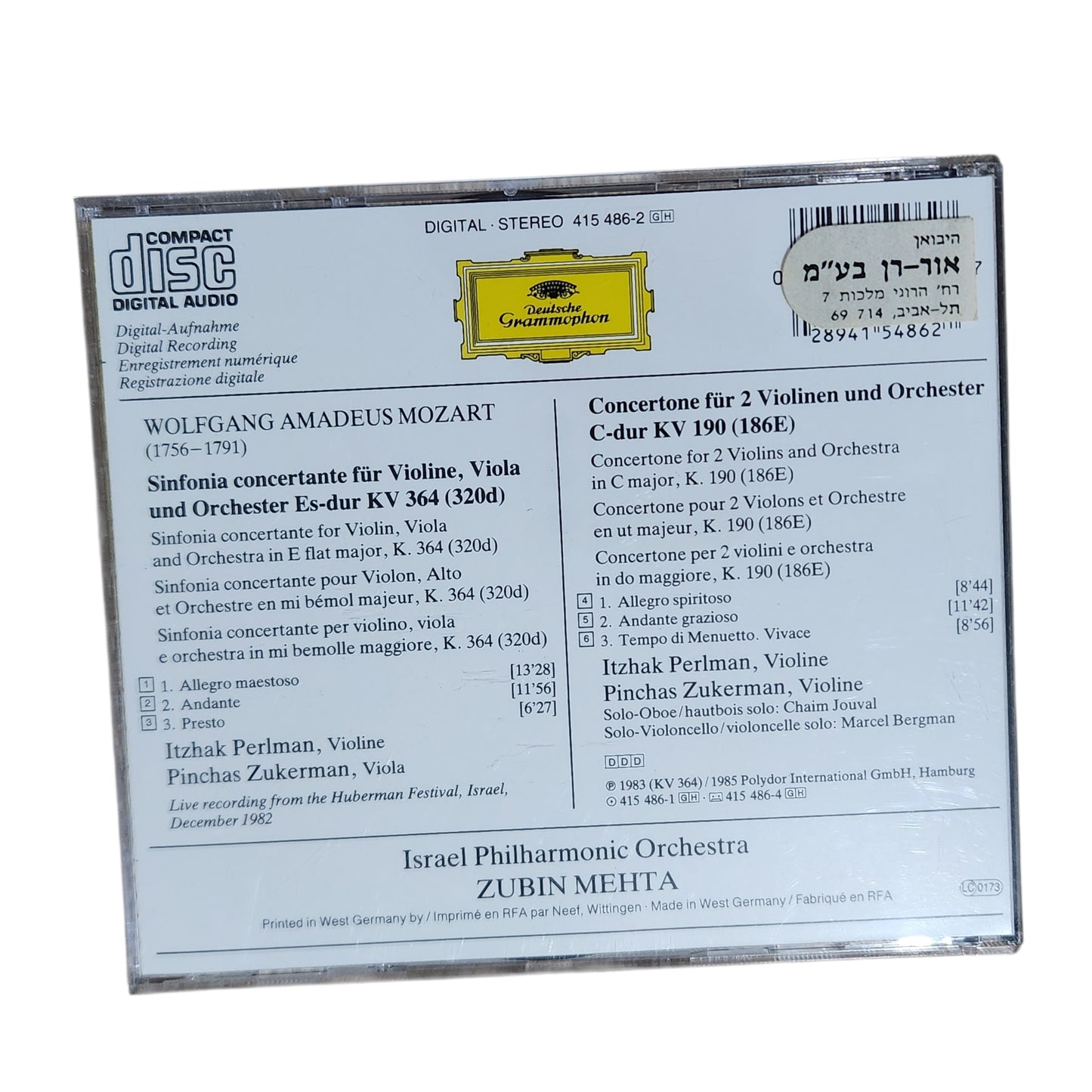 Mozart – Sinfonia Concertante K.364 / Concertone K.190 | Itzhak Perlman & Pinchas Zukerman | CD