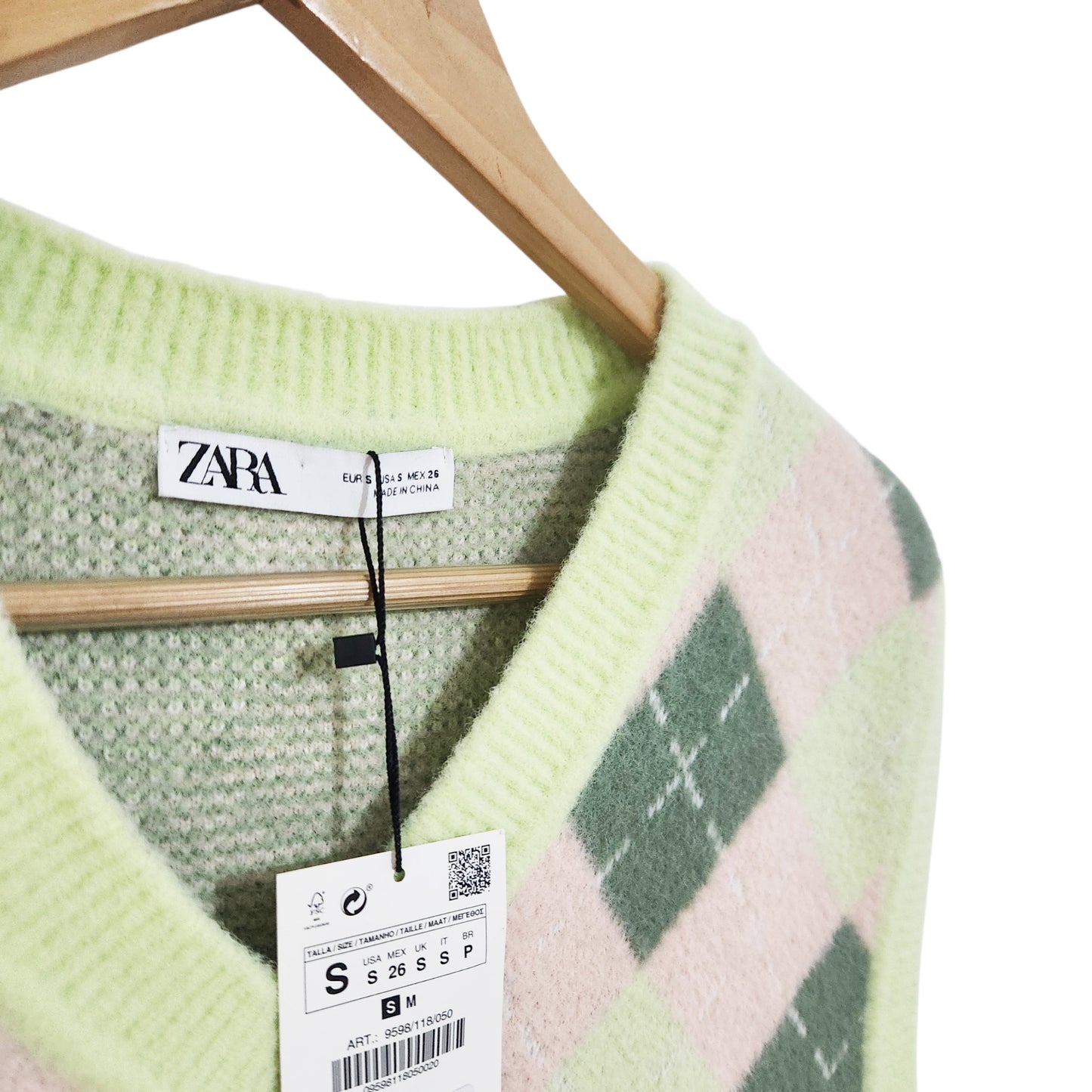 ZARA | וסט סרוג לנשים משבצות ארגייל | מידה S | חדש עם תווית