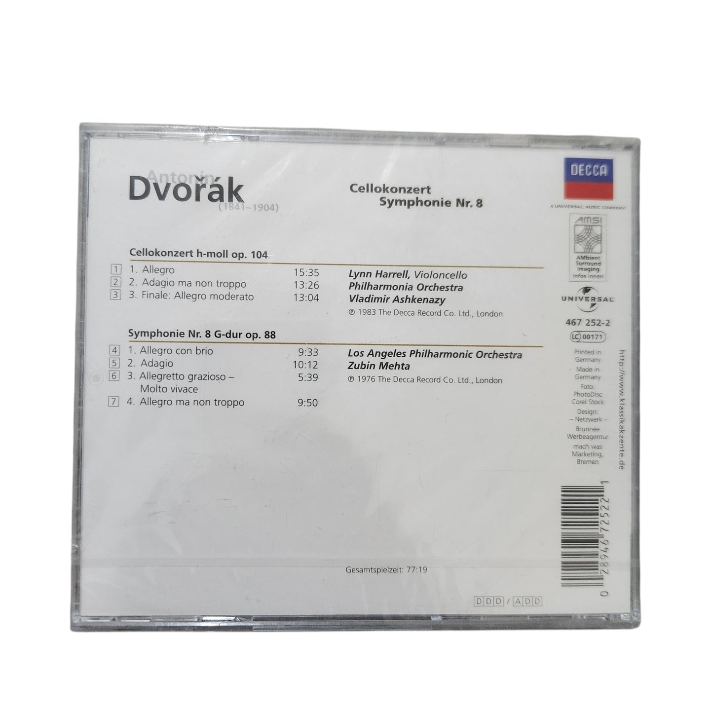 Dvořák – Cello Concerto & Symphony No. 8 CD | Ashkenazy • Mehta | Decca | דיסק מקורי