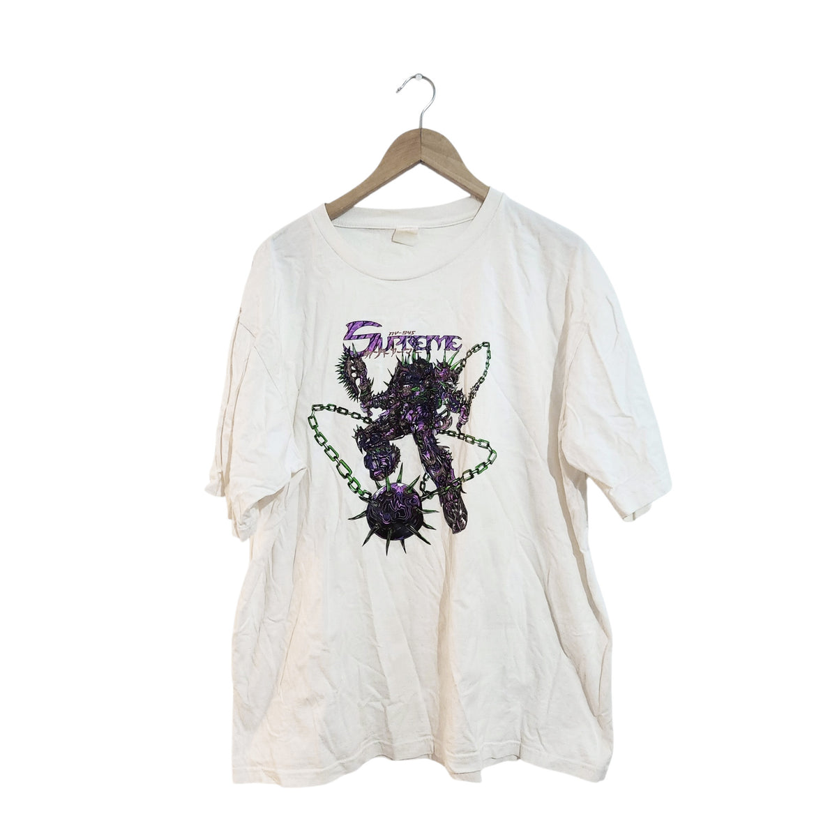 SUPREME | חולצת טי לבנה עם הדפס גרפי לגבר | מידה XXL | דהתה ועם כתם קטן