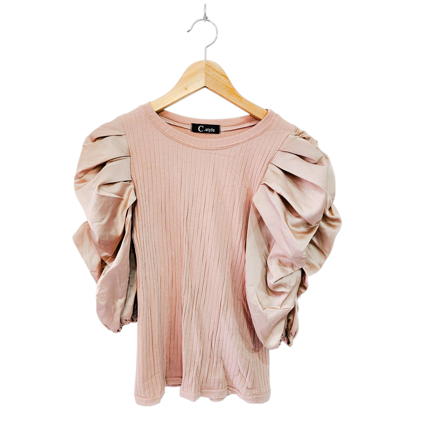 C.style חולצה צבע ורוד עתיק שרוולי סטן נפוחים מידה S