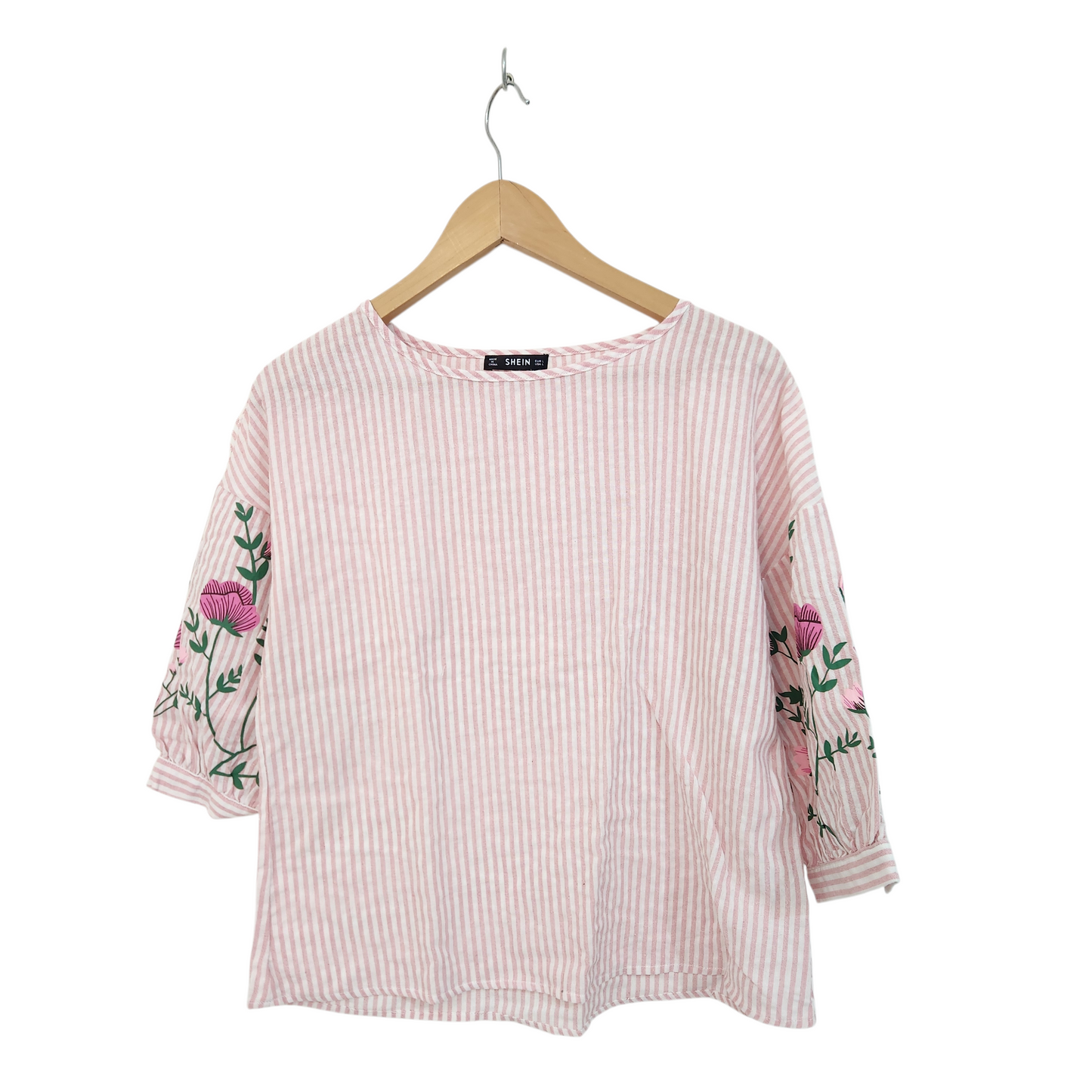 SHEIN | חולצת פסים צבעים ורוד ולבן הדפס פרחוני | לאישה מידה L