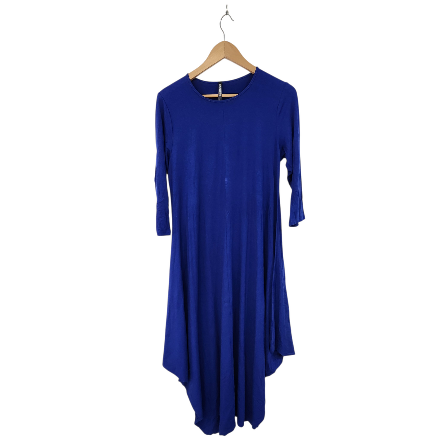 DISCREET | שמלה כחולה עם גזרה א-סימטרית ושרוול 3/4 | לאישה מידה L