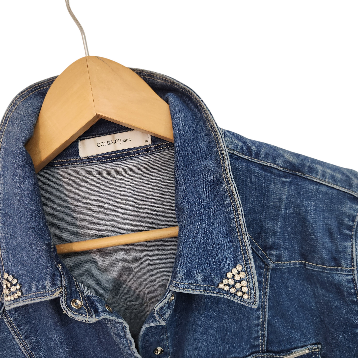 COLBARY Jeans | חולצת ג׳ינס כחולה עם עיטורי אבנים בצווארון | לאישה מידה 40