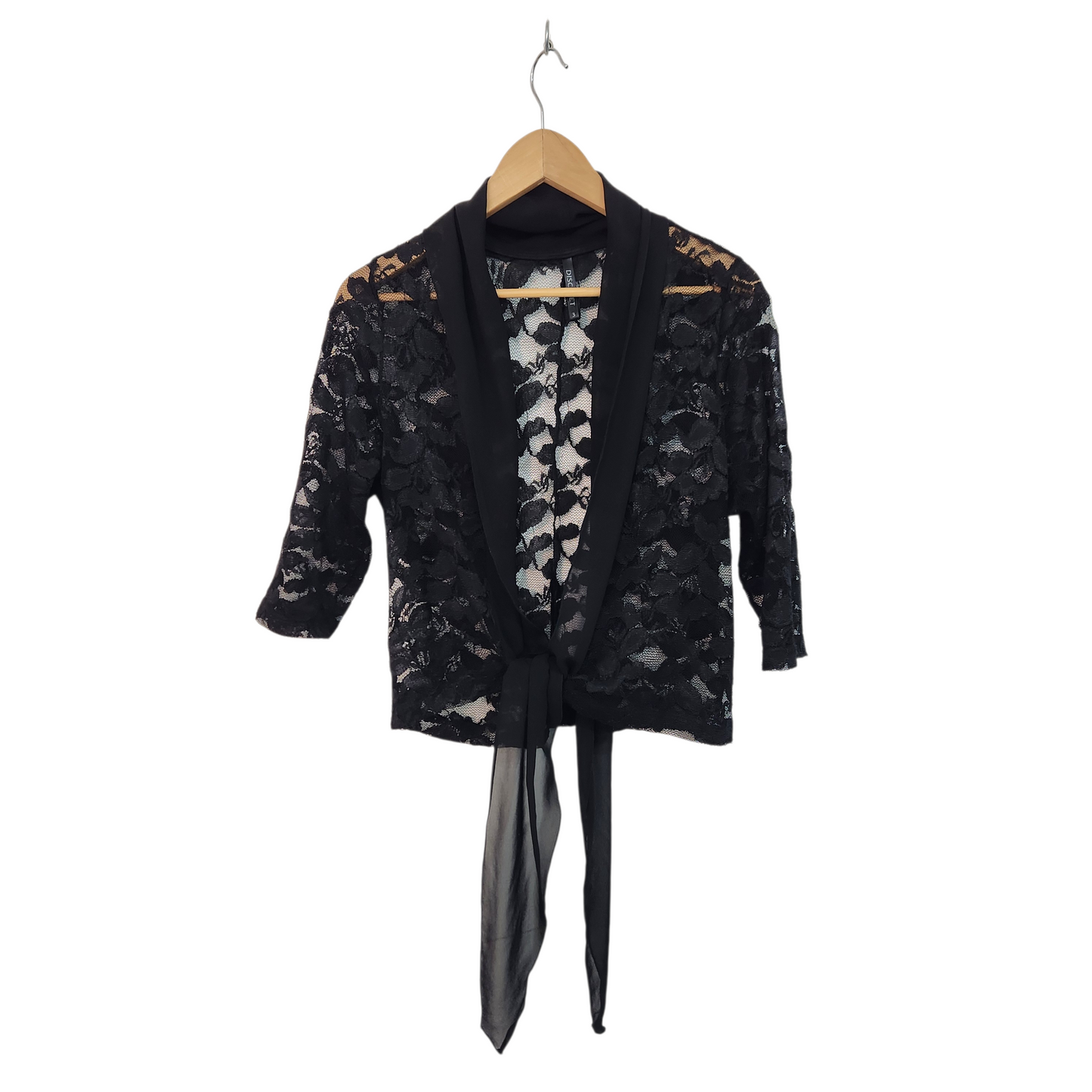 DISCREET - קרדיגן תחרה שחור עם קשירה קדמית | לאישה מידה 3 L