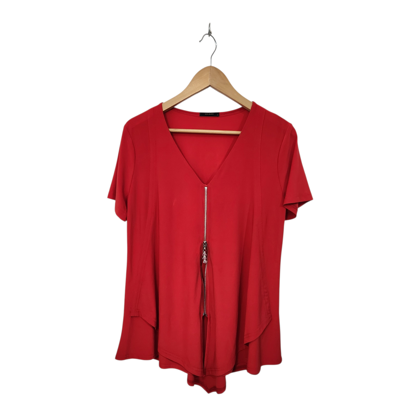 GOLBARY | חולצה קצרה צבע אדום מעוצבת | לאישה מידה L | כתם קטן