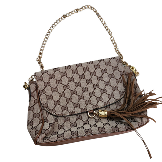 תיק צד בסגנון GUCCI | הדפס מונוגרמה | שרשרת זהב + פרנזים
