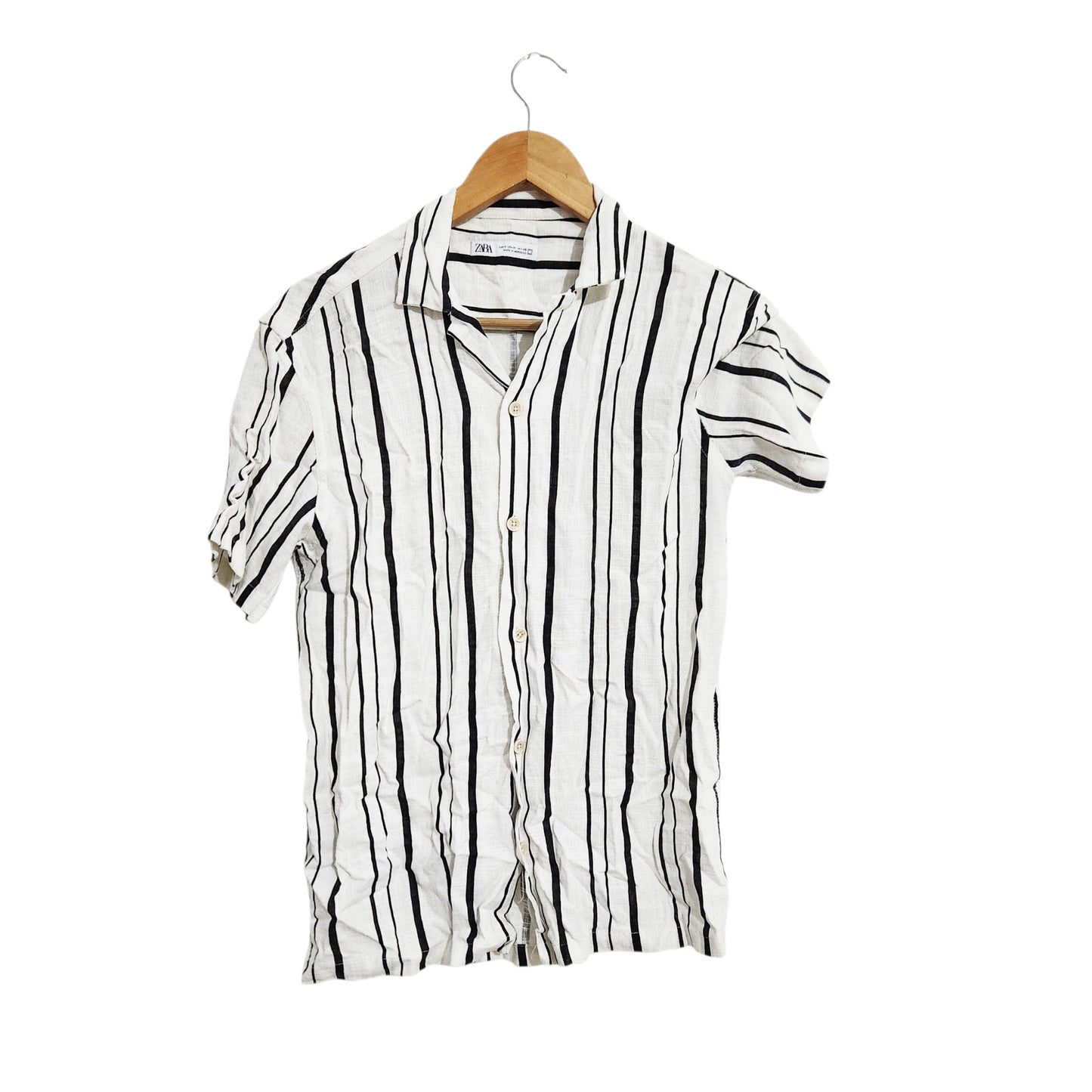 ZARA | חולצת פשתן מכופתרת לגבר | מידה M | לבן פסים שחורים