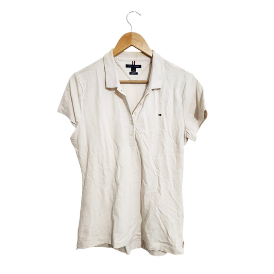 TOMMY HILFIGER | חולצת פולו לנשים | מידה L | לבן | מצב משומש קל (כתם בצווארון)