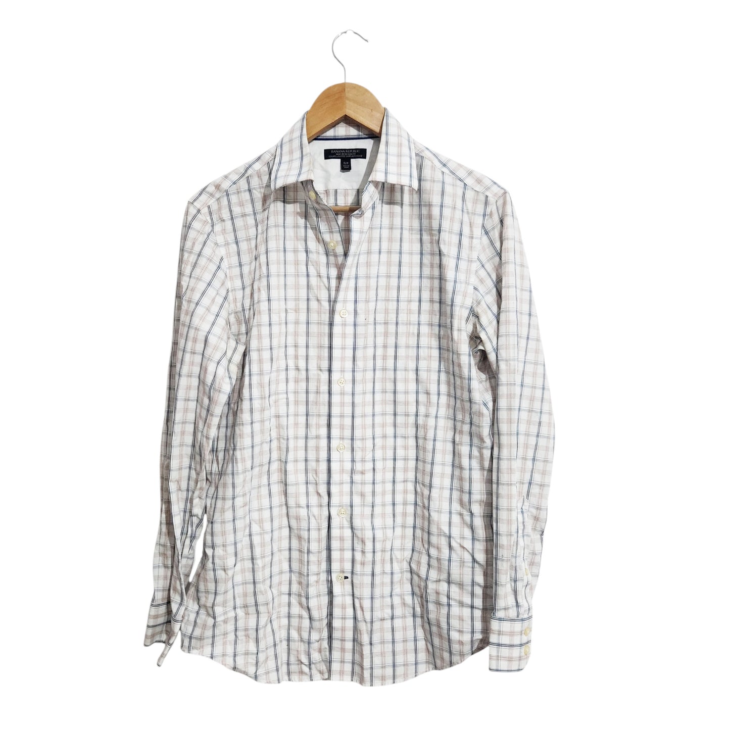 BANANA REPUBLIC | חולצה מכופתרת לגברים מידה S | Slim Fit | משבצות לבן-כחול-בז'
