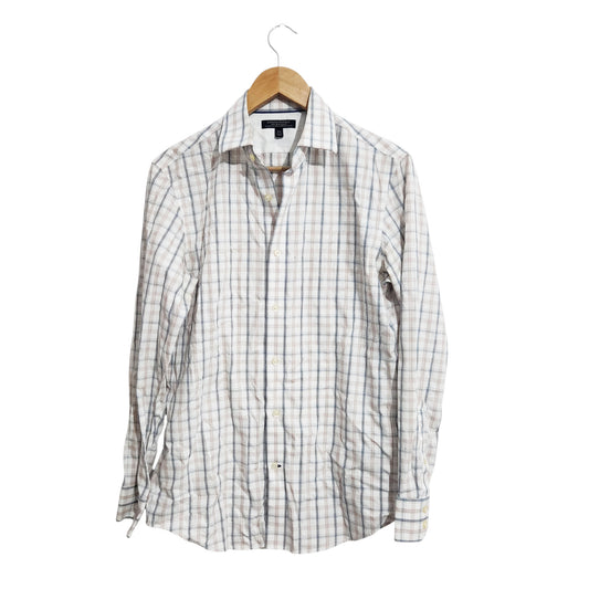 BANANA REPUBLIC | חולצה מכופתרת לגברים מידה S | Slim Fit | משבצות לבן-כחול-בז'