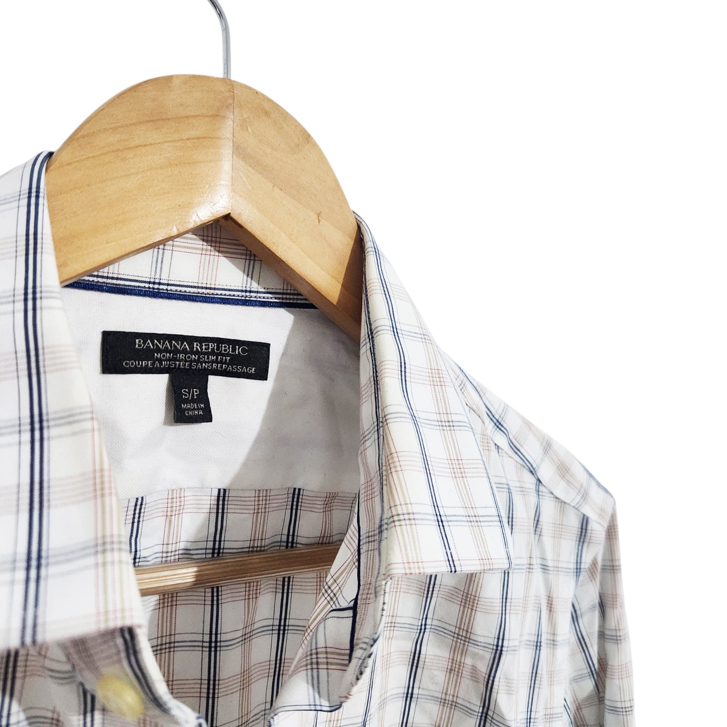BANANA REPUBLIC | חולצה מכופתרת לגברים מידה S | Slim Fit | משבצות לבן-כחול-בז'