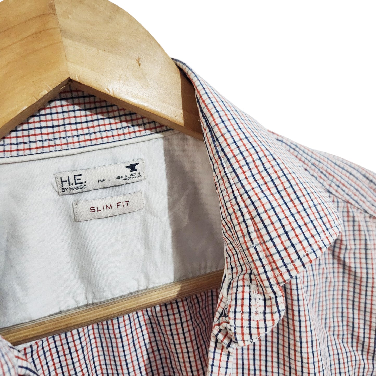 H.E. by MANGO | חולצה מכופתרת לגברים | Slim Fit מידה L | משובצת לבן/כחול/אדום