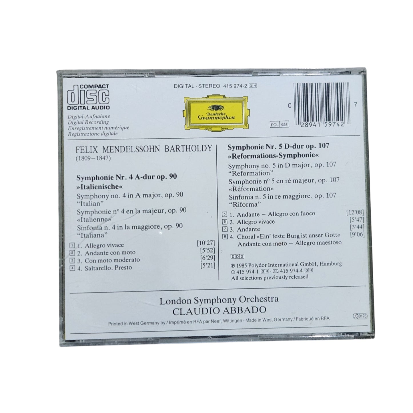 Mendelssohn Symphonies No. 4 & 5 CD | Claudio Abbado | Deutsche Grammophon | דיסק מקורי