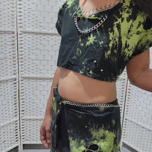 RUTH HAGGAI | סט Upcycled לנשים מידה S/M | קרופ טופ וחצאית מתכווננת | מיחדוש בעבודת יד