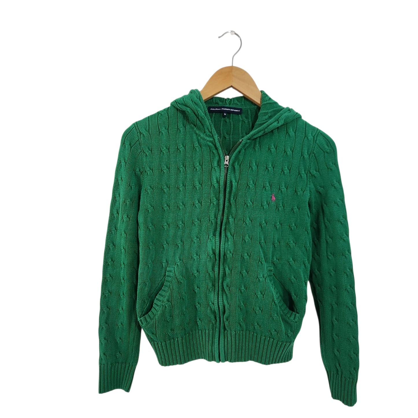 RALPH LAUREN SPORT סוודר קפוצ'ון סריג ירוק עם רוכסן מידה M