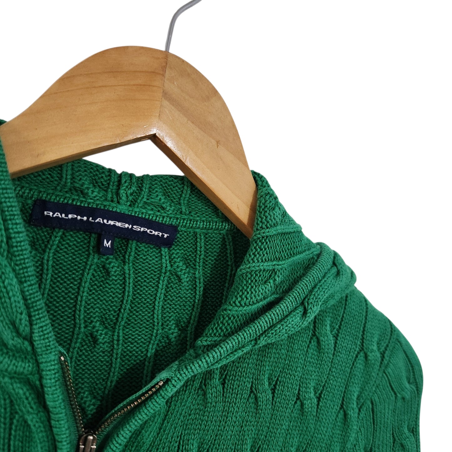 RALPH LAUREN SPORT סוודר קפוצ'ון סריג ירוק עם רוכסן מידה M