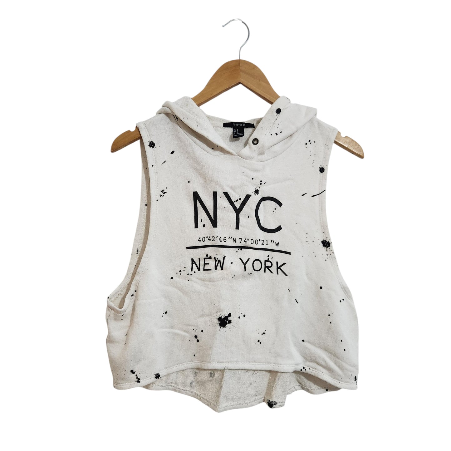 FOREVER 21 וסט קפוצ'ון קרופ לבן עם הדפס NYC מידה M