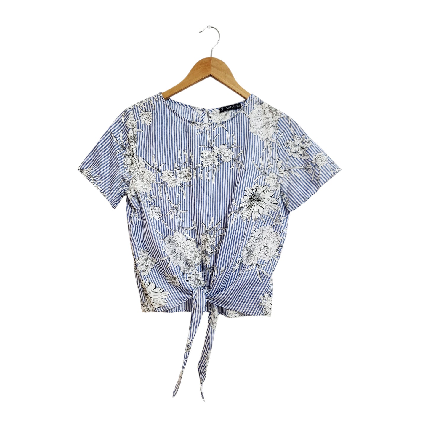 SHEIN חולצה קשירה פרחונית עם פסים כחול-לבן מידה S