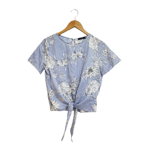 SHEIN חולצה קשירה פרחונית עם פסים כחול-לבן מידה S