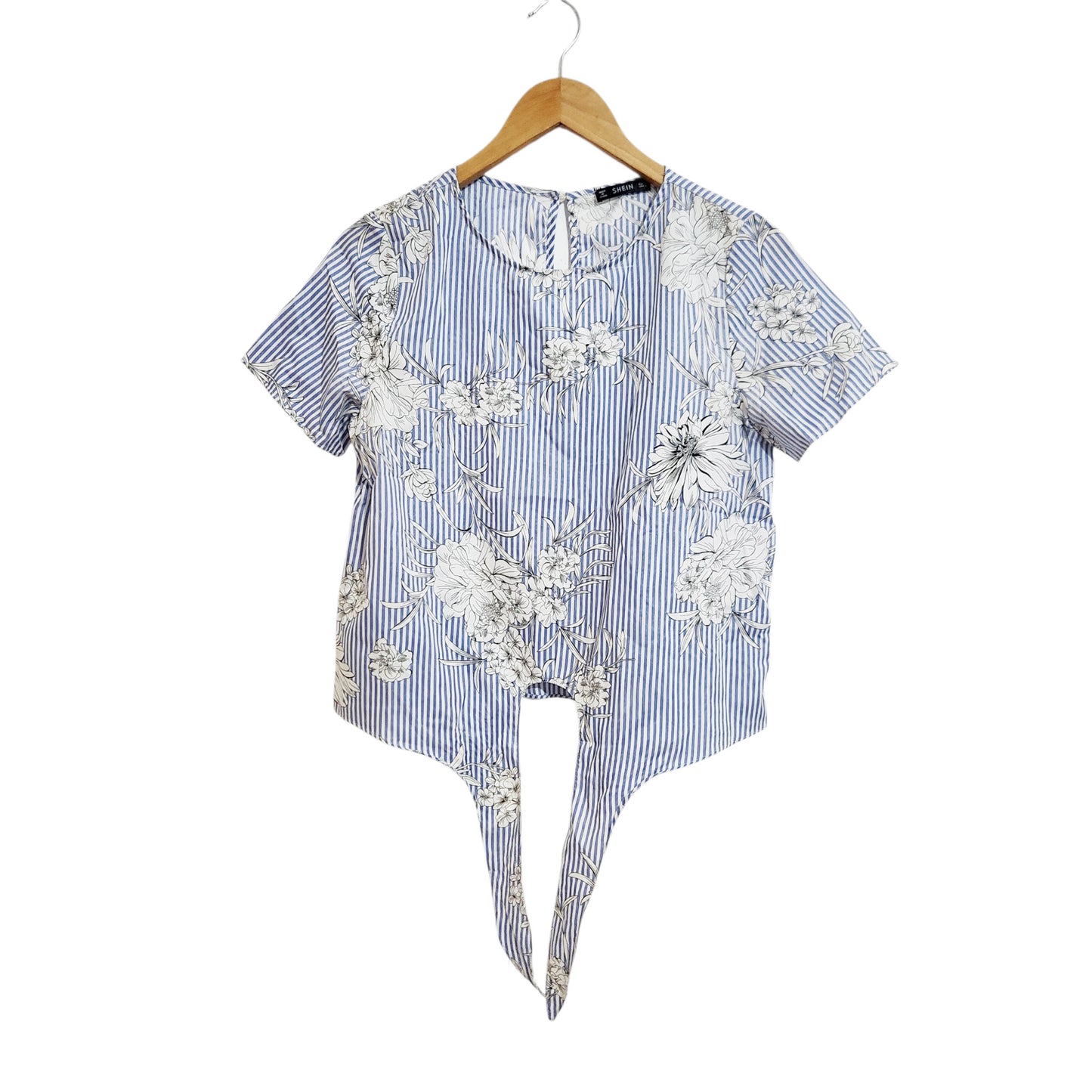 SHEIN חולצה קשירה פרחונית עם פסים כחול-לבן מידה S