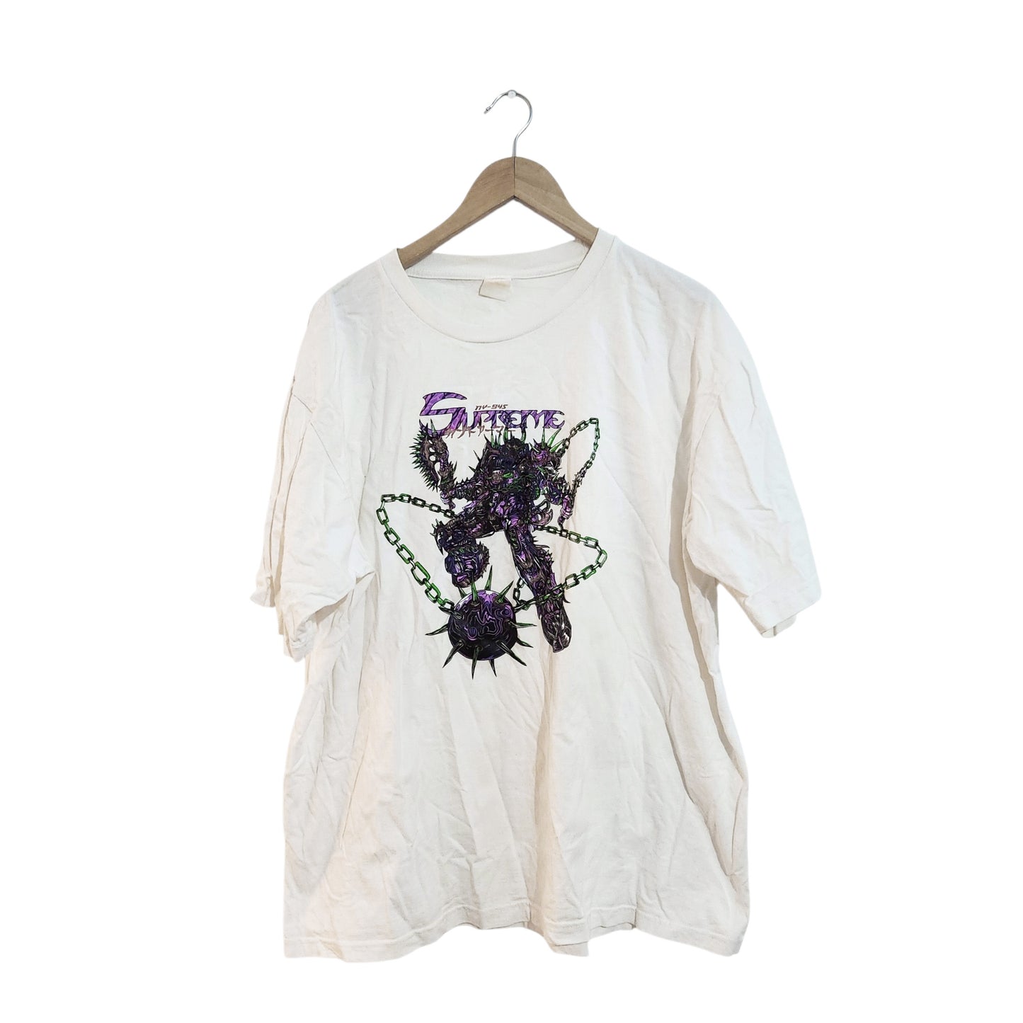 SUPREME | חולצת טי לבנה עם הדפס גרפי לגבר | מידה XXL | דהתה ועם כתם קטן