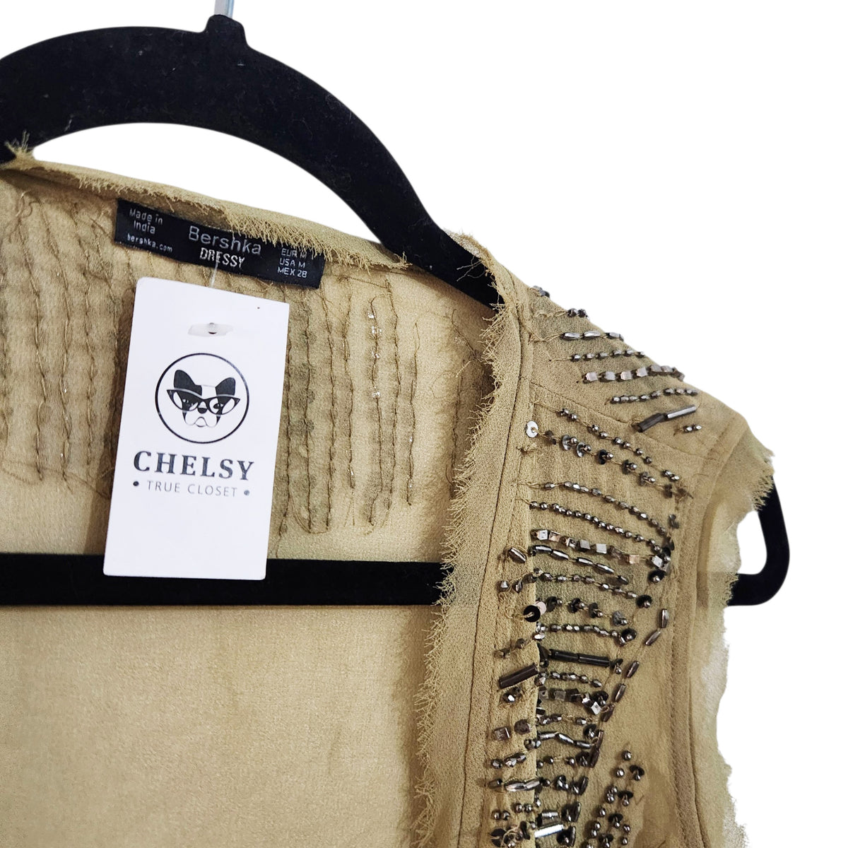 BERSHKA | וסט ארוך עם חרוזים ופאייטים | נשים | M | חאקי | יש כתם