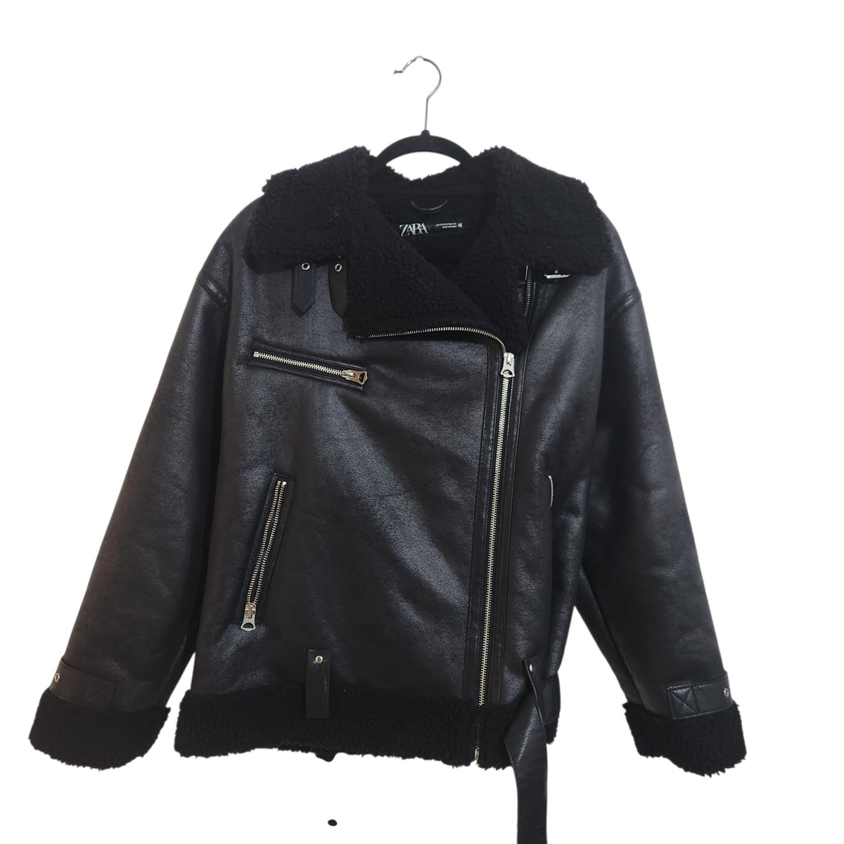 ZARA | מעיל בייקר דמוי עור עם פרווה | נשים | M | שחור