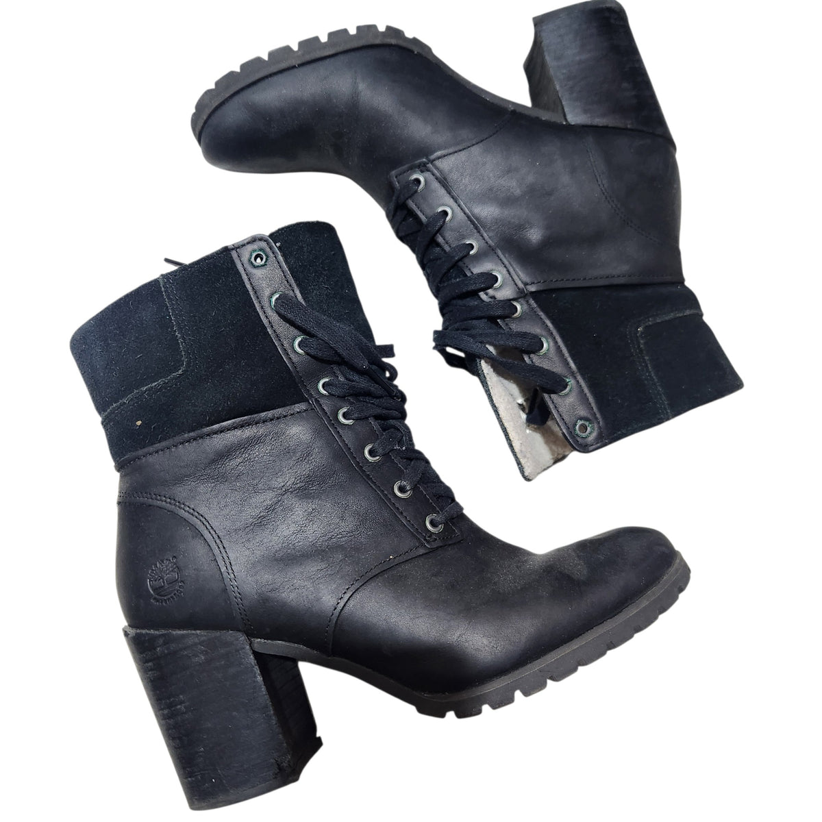 TIMBERLAND | מגפוני עור שחורים לאישה | עקב רחב ושרוכים | מידה 39
