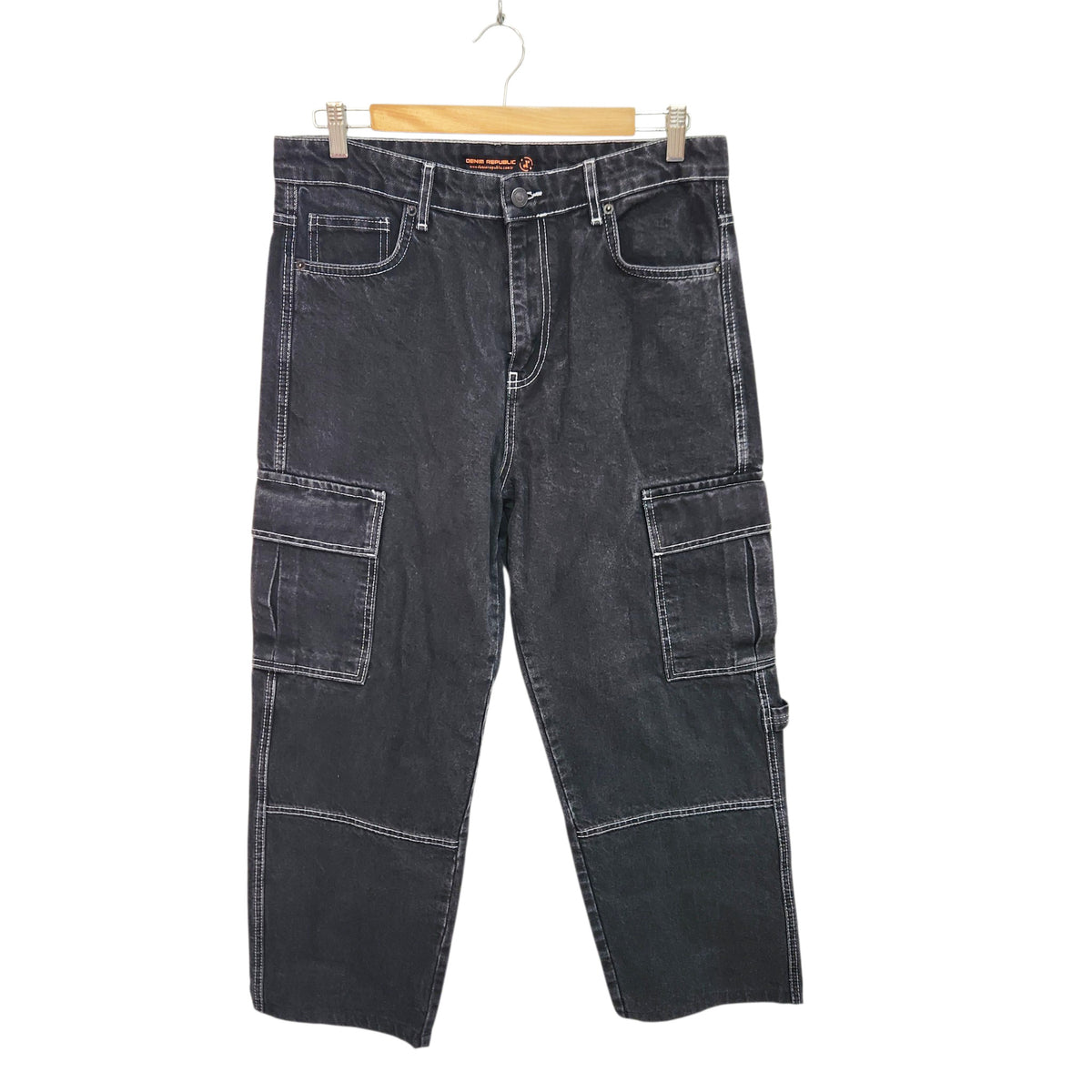 DENIM REPUBLIC | ג'ינס דגמ"ח שחור משופשף בגזרה רחבה | לגבר | מידה 32 (M) | רטרו Y2K