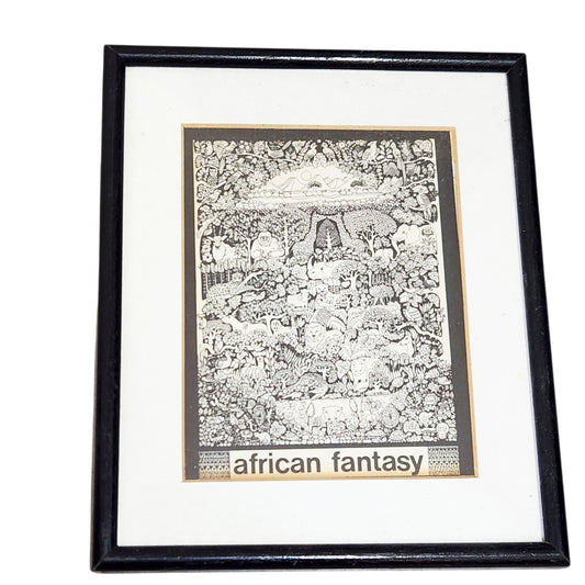 African Fantasy | הדפס אמנות אפריקאית בשחור־לבן | ממוסגר | 22×26 ס״מ