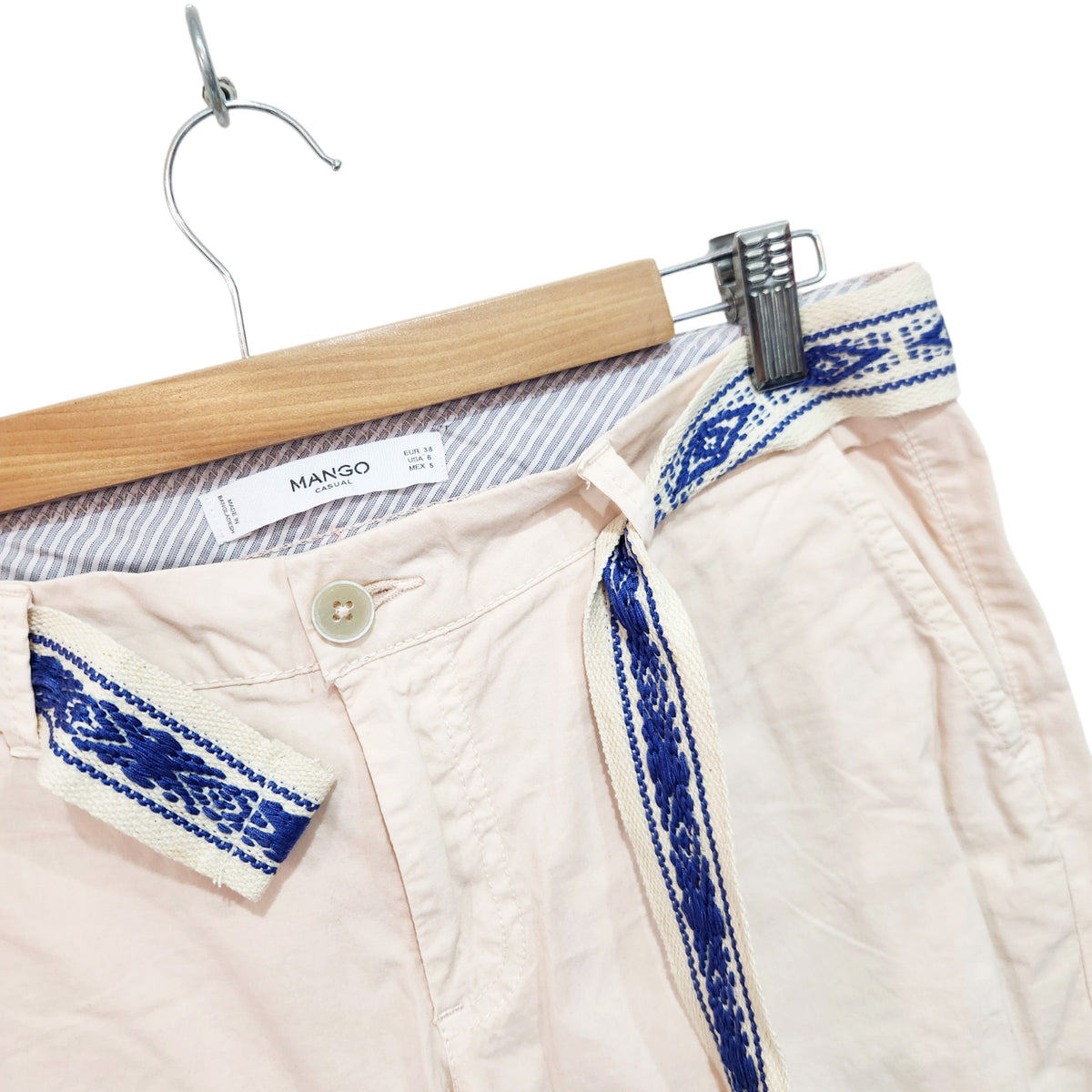 MANGO CASUAL | מכנסיים ארוכים לאישה | מידה 38 (M) | ורוד בהיר | חגורה רקומה