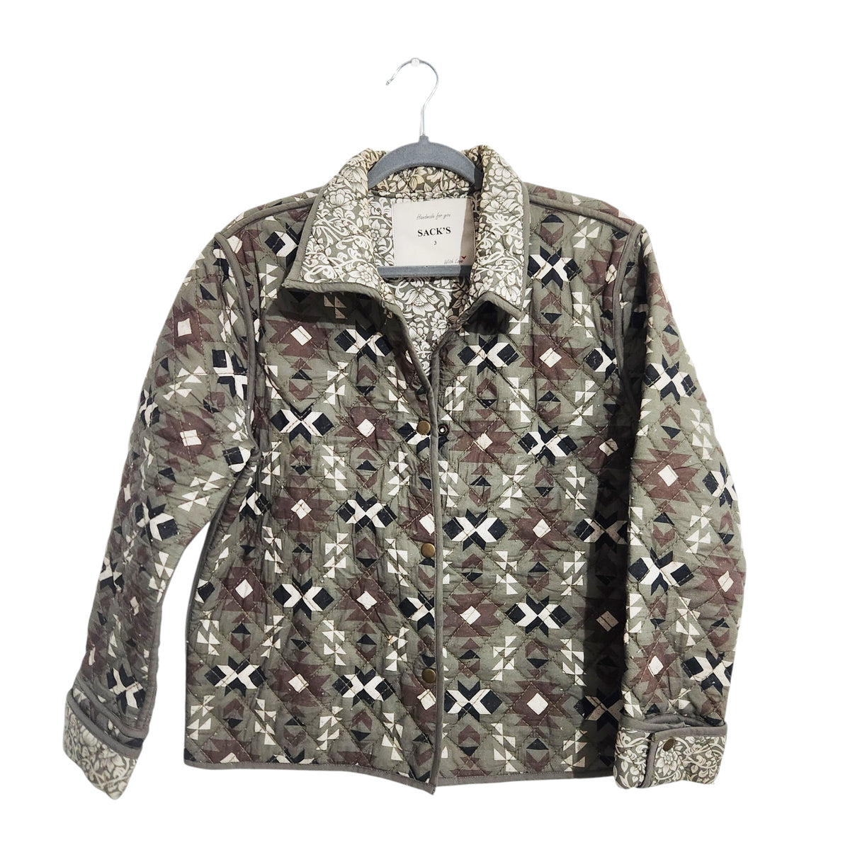 SACK'S | ג'קט קווילט בהדפס גיאומטרי לאישה | מידה 3 (L/XL) | ירוק זית | גולגולים